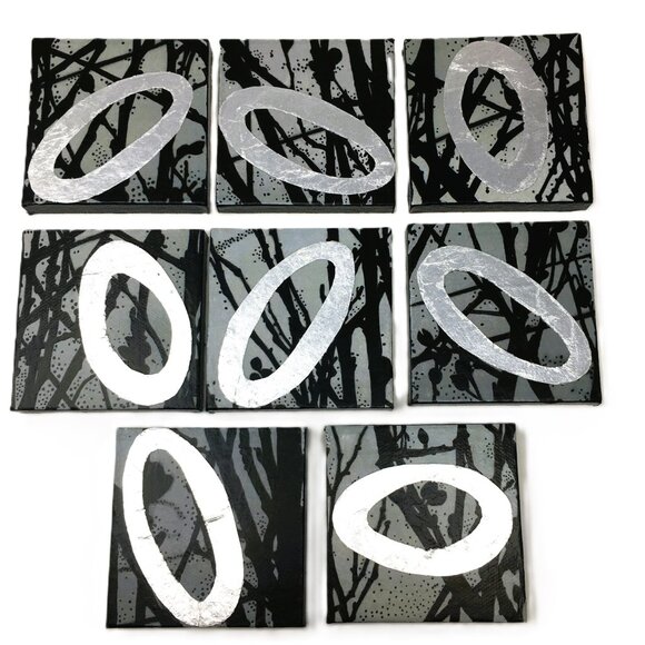 Miniature Square Gray Black Silver Leaf Branches Ink Drawing on Canvas Wall Art - Picture 12 of 16